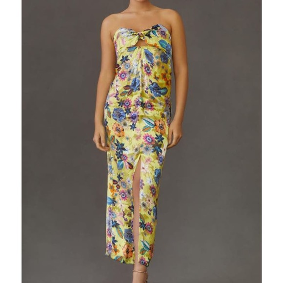 NWT! Anthropologie Twist-Front Midi Dress YELLOW MOTIF SIZE-SMALL - Picture 7 of 9